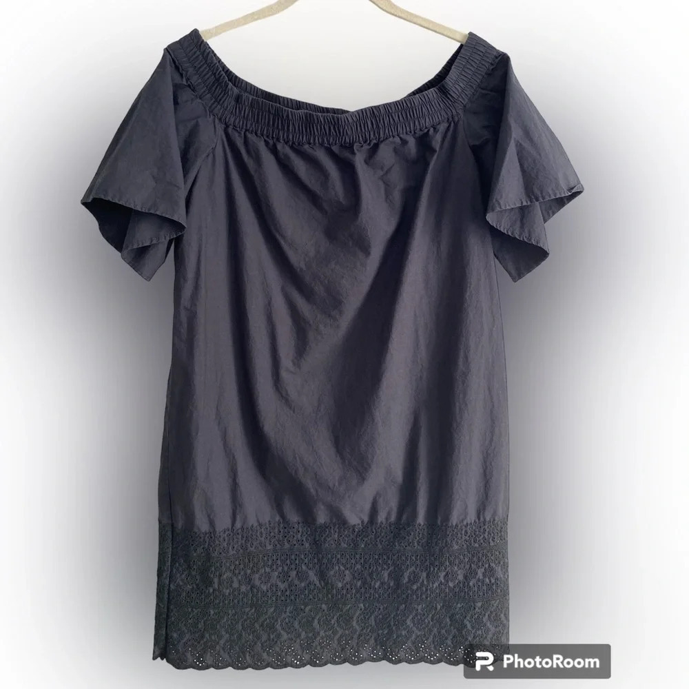 ALL Saints Livia Trixie Black Off Shoulder Smocked Eyelet  Mini Cotton Dress S